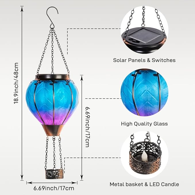 Starsoul Hot Air Balloon Solar Lantern with Candle Holder Glass Solar Hot Air Balloon Lantern with Flame Solar Hanging Hot Air Balloons Decorative for Lawn Porch Tree Yard
