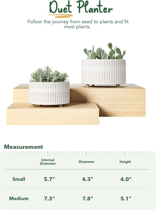 LE TAUCI Succulent Pots, 6.5+8 Inch Ceramic Indoor Plant Pot with Drainage Hole, Modern Round Decorative Flower Pot, Set of 2, Reactive Glaze White