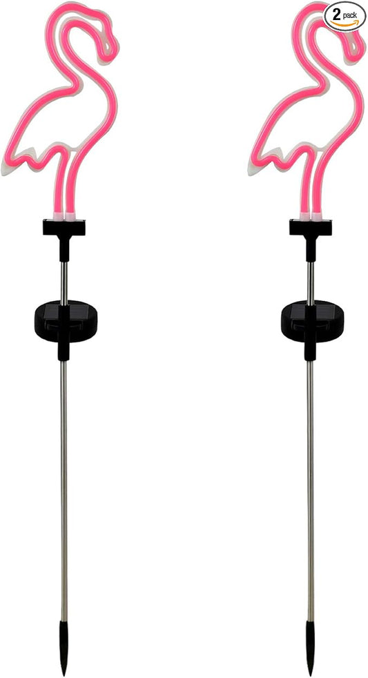 Pink Flamingo Solar Garden Stake Lights, [Set of 2] Outdoor Solar Pathway Light for Lawn Patio Yard Walkway, Neon Pink Lighting (30" Height)