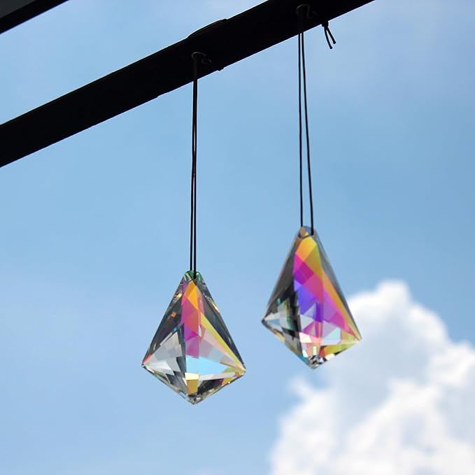 2PCS 5" Large Crystal Sun Catcher Prisms, STINO Hanging Suncatchers with Glass Prism, Rainbow Maker for Windows, Balcony, Kitchen, Garden Decoration (1, Chunky Cone 2Pcs)