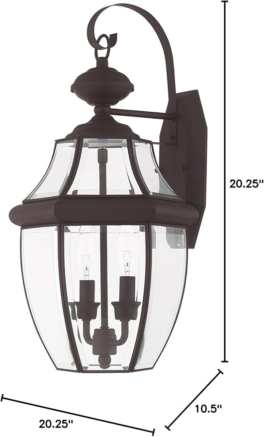 Livex Lighting 2251-91 Monterey 2 Light Outdoor Brushed Nickel Finish Solid Brass Wall Lantern with Clear Beveled Glass