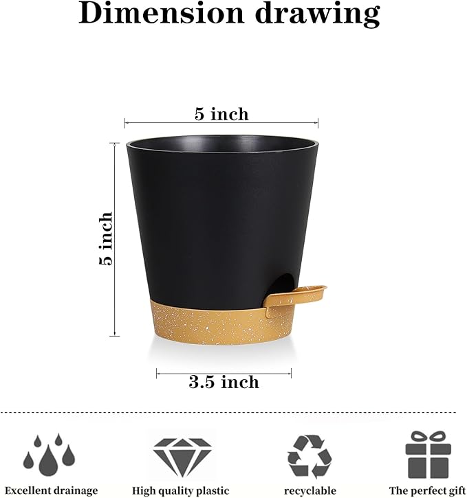 5 Pack 5 inch Self-Watering Pots, African Violets Planter with Drainage Holes and Reservoir, Black Brown Plastic Planter for Indoor Outdoor Plants Flowers and Houseplants black brown, 5 inch 5 pcs