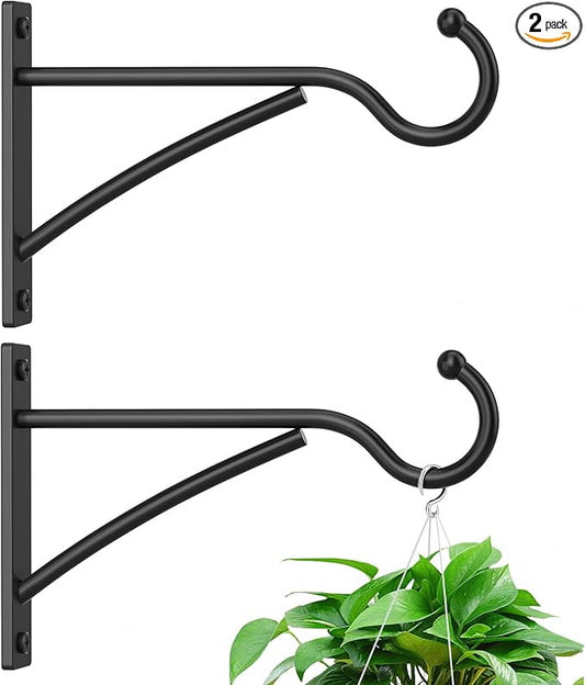 6 Inch 2 Pack Outdoor Plant Hanging Hooks for Wall:Metal Bracket for Hanging Baskets, Bird Feeders, Wind Chimes, Flower Baskets, Yoga Mat, Lanterns, Black
