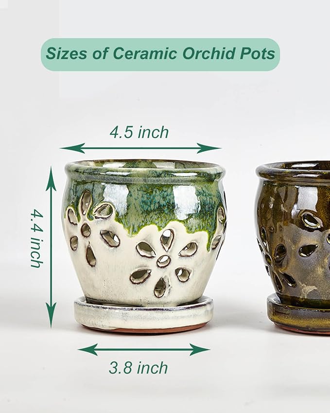 Vensovo 4 Inch Ceramic Orchid Pots with Holes and Saucers - 2 Pcs Small Succulent Pot for Repotting, Garden Flowerpots for Plants Indoor and Outdoor Promotes Air Circulation (Olive Green, Green Mixed)
