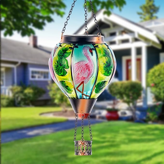 Starsoul 2 PC Flamingo Hot Air Balloon Solar Lantern with Flame Glass Outdoor Hanging Hot Air Balloon Solar Light Waterproof Garden Patio Yard Party Decorations