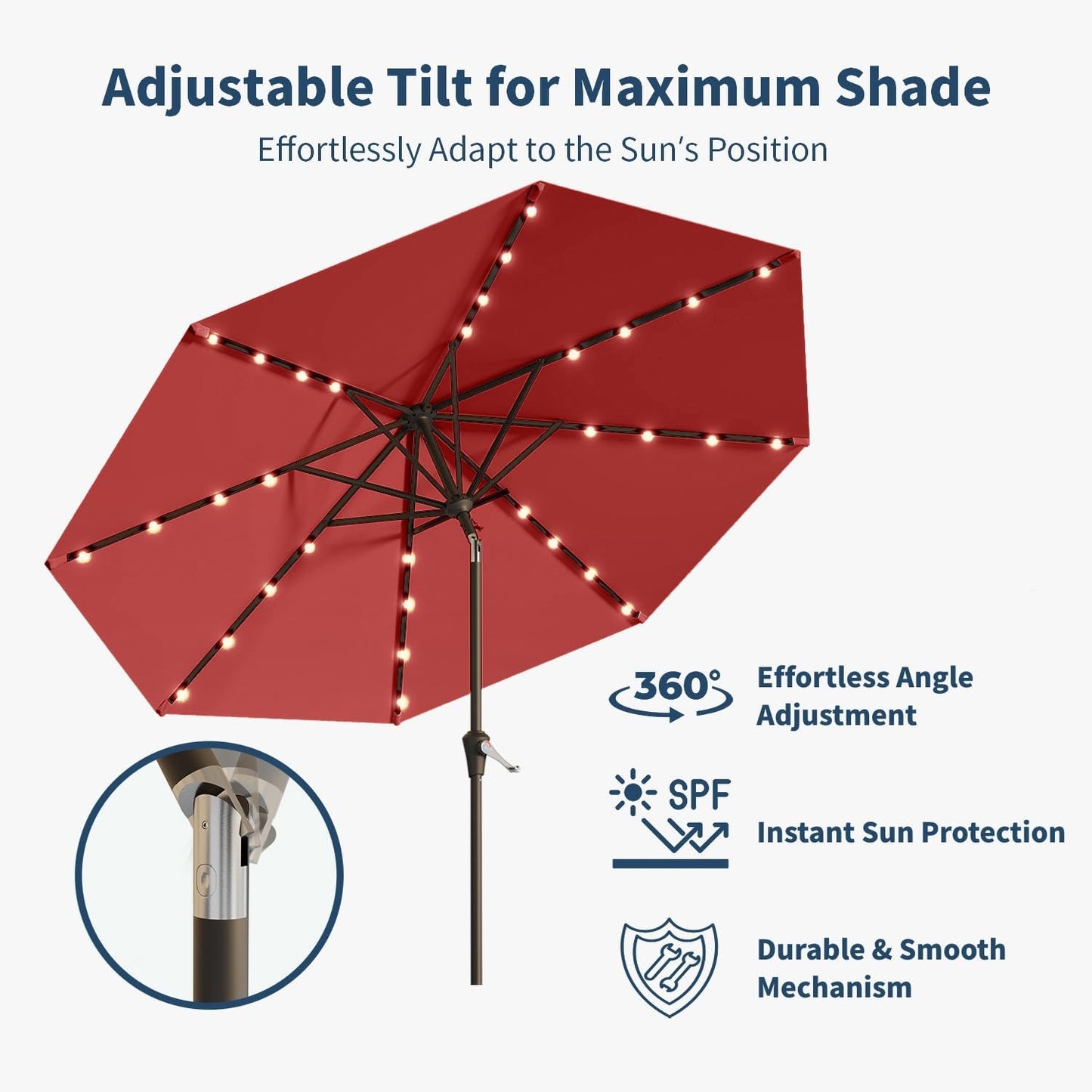 9FT Solar Umbrella 32 LED Lighted Patio Umbrella Table Market Umbrella w/Tilt and Crank, UV-Resistant Outdoor Umbrella for Pool, Garden, Deck, Red