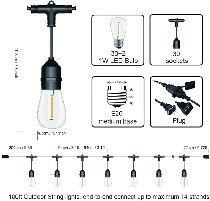 Outdoor String Lights LED 100FT Commercial Grade Heavy Duty Light String Lights with 30 Sockets 32 Shatterproof Plastic Bulbs Include 2 Spare S14 Dimmable Edison Bulbs Patio Market Cafe Light