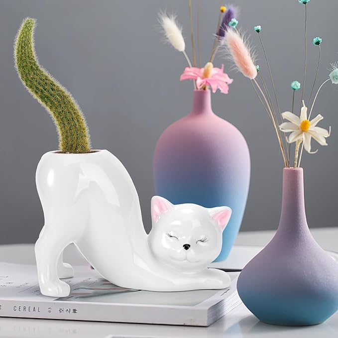 TOIVO Unique Cat Planter Pot，Indoor and Outdoor Plant Displays，Funny Ceramics Cat Flower Pot，Cat Gifts for Cat Lovers，Lovely Office Desk Room Home Decor (White, Small)