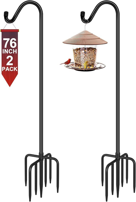 Gtongoko Shepherds Hook for Outdoor, 76 Inch Bird Feeder Pole with 7 Prongs Base, 5/8 Inch Thick Heavy Duty Adjustable Garden Hook for Hanging Plant, Hummingbird Feeder, Lantern, 2 Pack