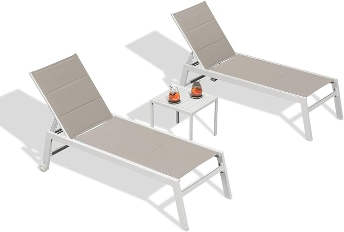 PURPLE LEAF Outdoor Chaise Lounge Set Adjustable Sunbathing Recliner with Side Table for Poolside Beach Outside Patio Aluminum Chaise Lounger Khaki