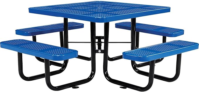 Global Industrial 46" Square Picnic Table, Perforated Metal, Blue Thermoplastic Coating, Attached Benches, 1-1/2” Umbrella Pole Hole, Outdoor-Rated, 1200 lb Capacity