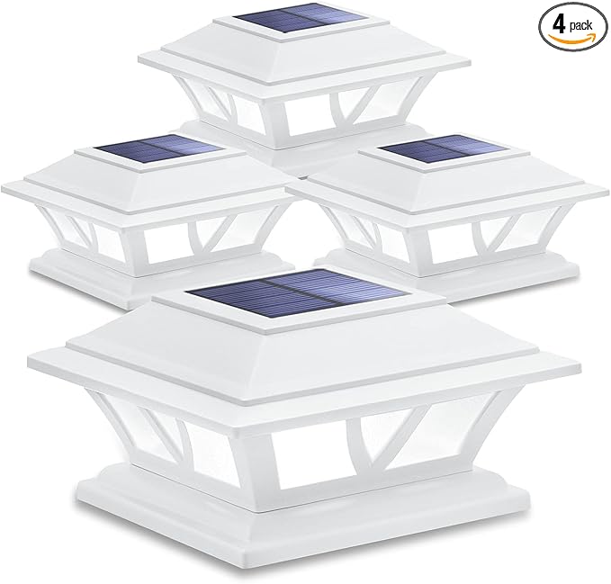 SIEDiNLAR Solar Post Lights Outdoor 2 Modes LED Fence Deck Cap Light for 4x4 5x5 6x6 Posts Garden Patio Decoration Warm White/Cool White Lighting White (4 Pack)
