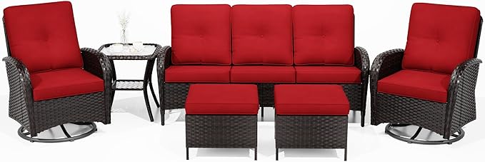Joyside 6 Piece Patio Furniture Set, Outdoor Wicker Conversation Sets with Swivel Rocker Chairs and Sofa, Thick Cushion, Rattan Patio Sectional for Porch, Deck Use (Brown/Red, 6 PCS)