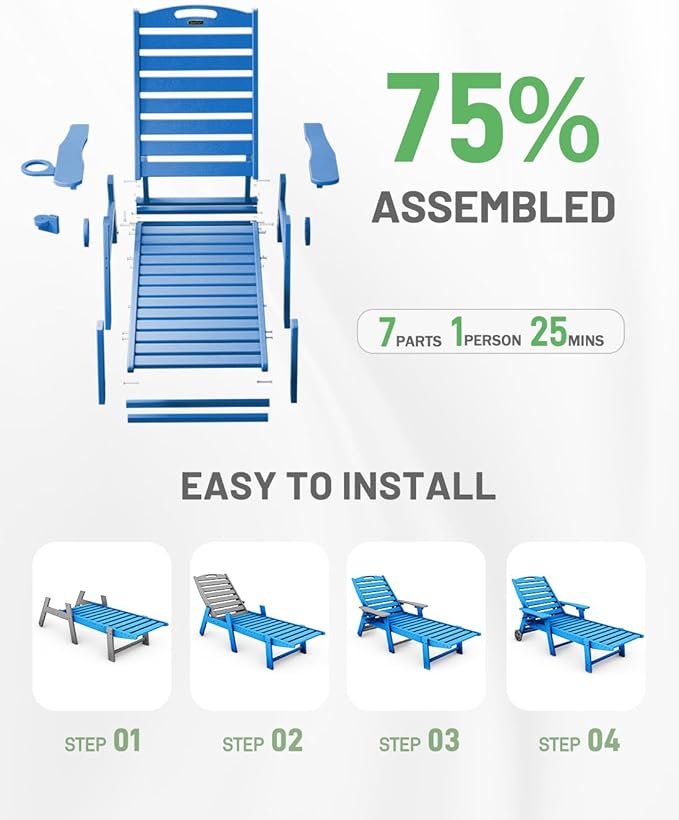 Lounge Chair Outdoor Set of 4 with Wheels, Adjustable 6-Position Chaise Lounge Outdoor, Patio Lounge Chair for Poolside Backyard, Navy Blue