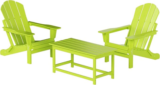 WO Home Furniture Adirondack Chairs Table Set of 3 PCS Outdoor Folding Chairs Coffee Table Weather/UV Resistant for Lawn, Garden, Bon Fire, Balcony (Lime)