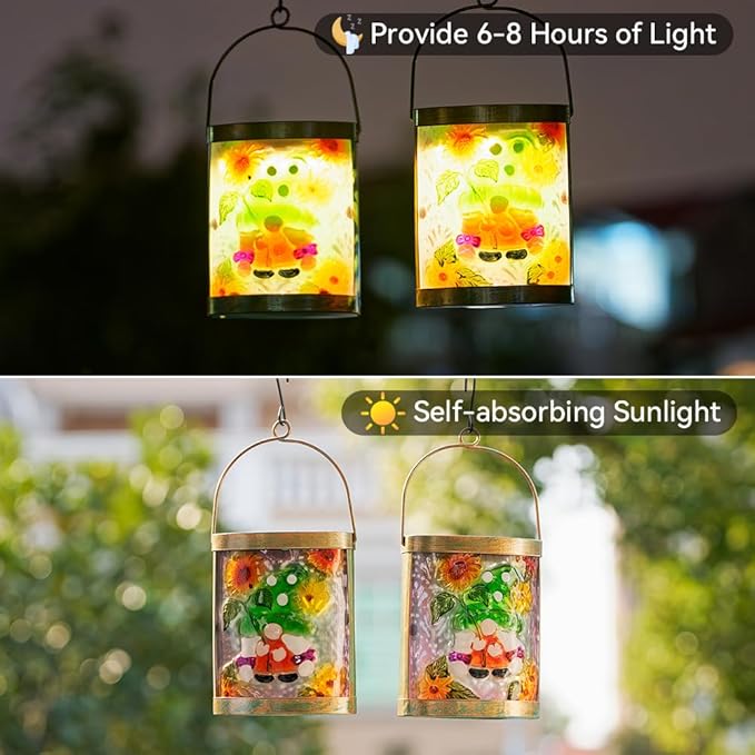 Starsoul 2 Pack Hanging Solar Lantern Outdoor Waterproof Glass Gnome and Sunflowers Decorative Solar Lights for Outside Garden Yard Table Patio Decor