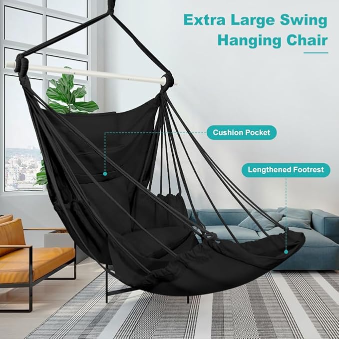Outerman Hammock Chair, Hanging Chair with 3 Cushions and Foot Rest Support, Sturdy Metal Spreader Bar Max 500Lbs, Swing Chair for Bedroom, Indoor & Outdoor, Patio, Porch or Tree（Black）…