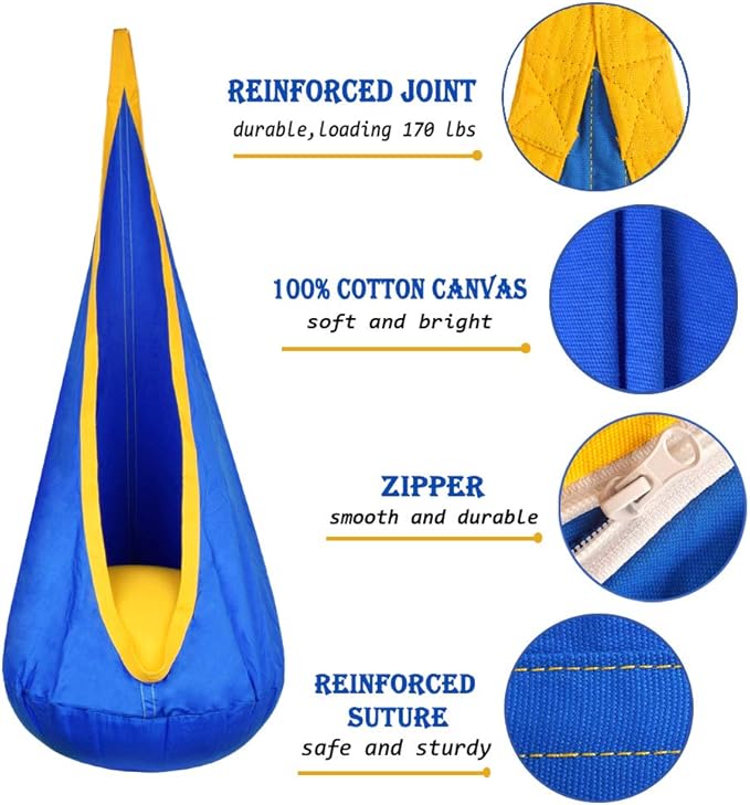 Kids Pod Swing Hanging Seat Child Hammock Chair Indoor and Outdoor Sensory Swing 100% Cotton Loading Capacity 170 lbs (Blue)