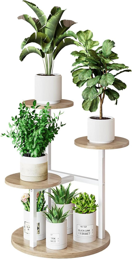 Plant Stand Indoor 4 Tier 5 Potted Multiple Flower Pot Holder for Patio Garden Balcony Living Room Corner (4 Tier White+Sonoma Oa)