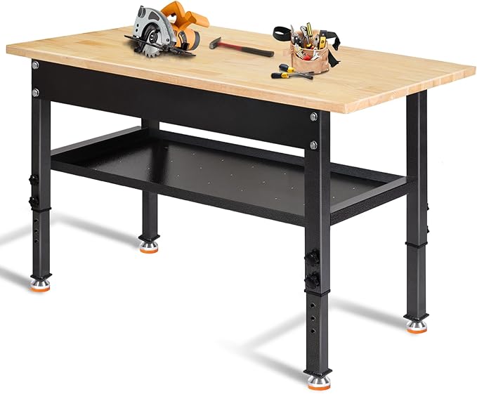 48"/60'' Adjustable Workbench, Rubber Wood Work Bench Heavy-Duty with Partition,2000 LBS Load Capacity Hardwood Work Table for Garage, Workshop, Home, Office, Easy Assembly (w/partition,48'')