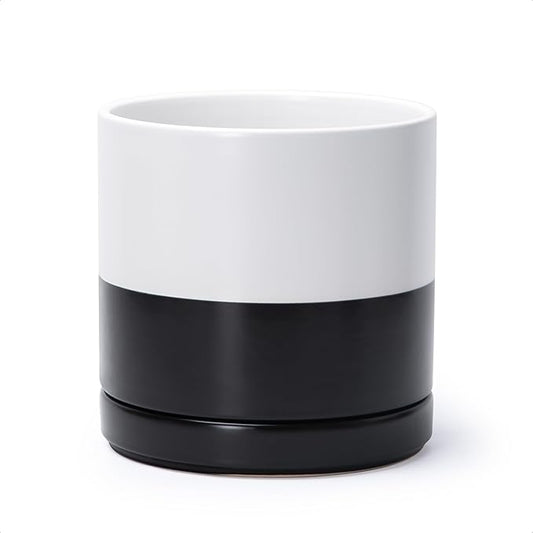 D'vine Dev 8.2 Inch Ceramic Planter Pot with Drainage Hole and Saucer, Indoor Cylinder Round Planter Pot, Layered Monochrome Black & White, 94-O-D-L