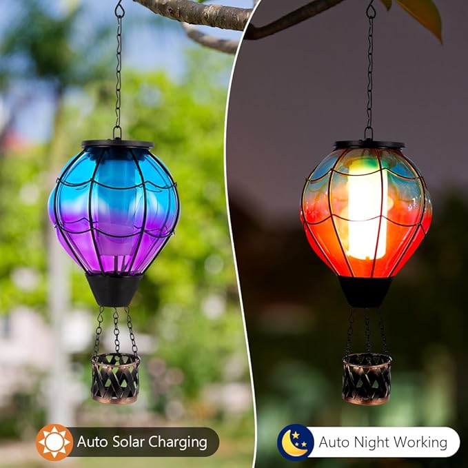 Solar Hot Air Balloon Lantern with Flame Flickering LED Glass Hot Air Balloon Solar Lanterns Outdoor Waterproof Hanging Lights for Patio,Porch,Yard,Garden Decor Mother Day Gifts for Women