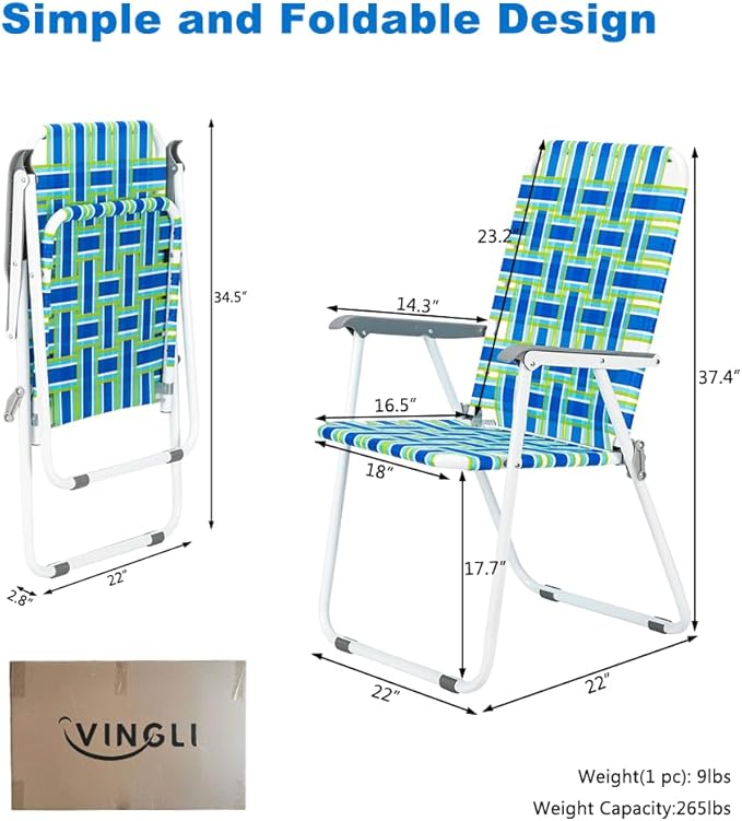 VINGLI Patio Lawn Webbed Folding Chairs 1 Piece, Outdoor Beach Chair Portable Dining Chair for Outdoor Yard, Garden (Blue, Classic)