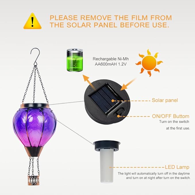 Starsoul Purple Hot Air Balloon Solar Lantern with Flickering Flame Light Glass Solar Powered Hot Air Balloon Lamp Waterproof Hanging Hot Air Balloon Led Lights