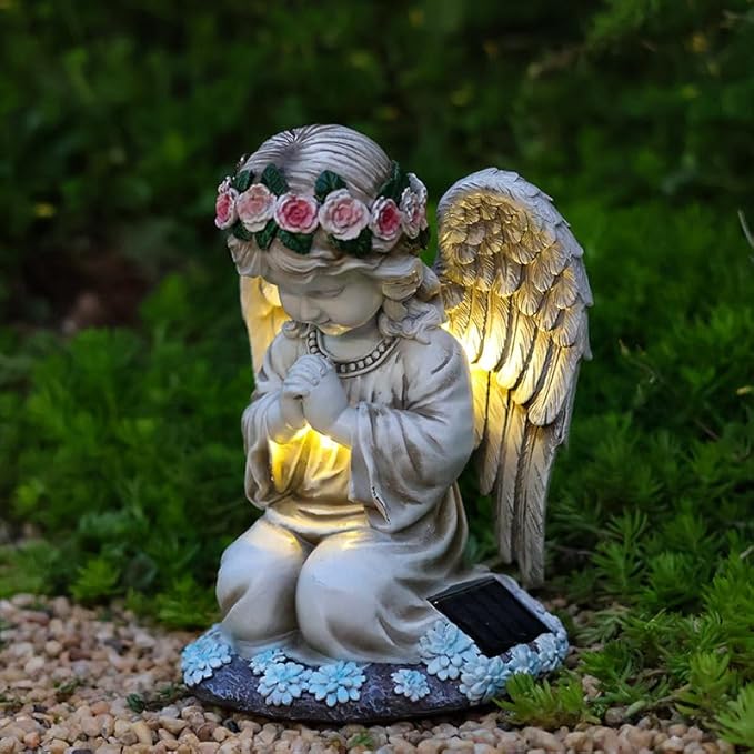 Garden Statues for Outside, 3 LED Solar Praying Angel Figurines Decorative Light, Waterproof Resin Fairy Statue Solar Light for Patio Balcony Yard Lawn Ornament Gifts for Mom (PrayAngel)
