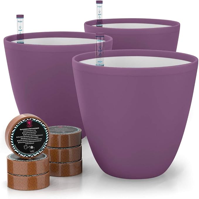 GARDENIX DECOR Self Watering Pots for Indoor Plants 3 Pack - Flower Pot with Water Level Indicator for Plants, Grow Tracking Tool - Self Watering Planter Plant Pot - Coco Coir - Purple