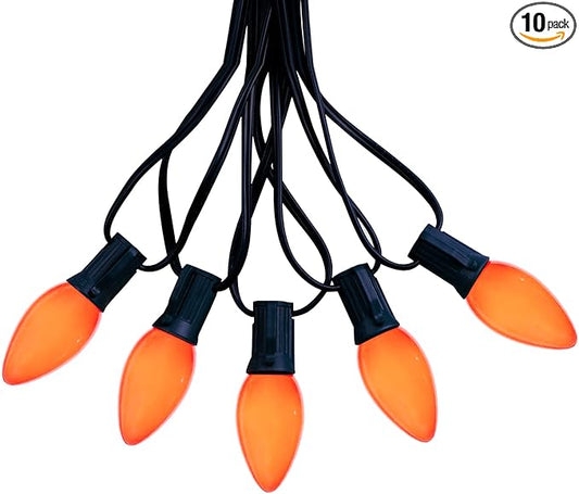 25Ft Halloween Ceramic String Lights, C9 Opaque Orange String Lights with 25 Vintage Bulbs, Outdoor Hanging Lights for Halloween Party Christmas Tree Prom Decor, 7W, C9/E17 Base, Black Wire