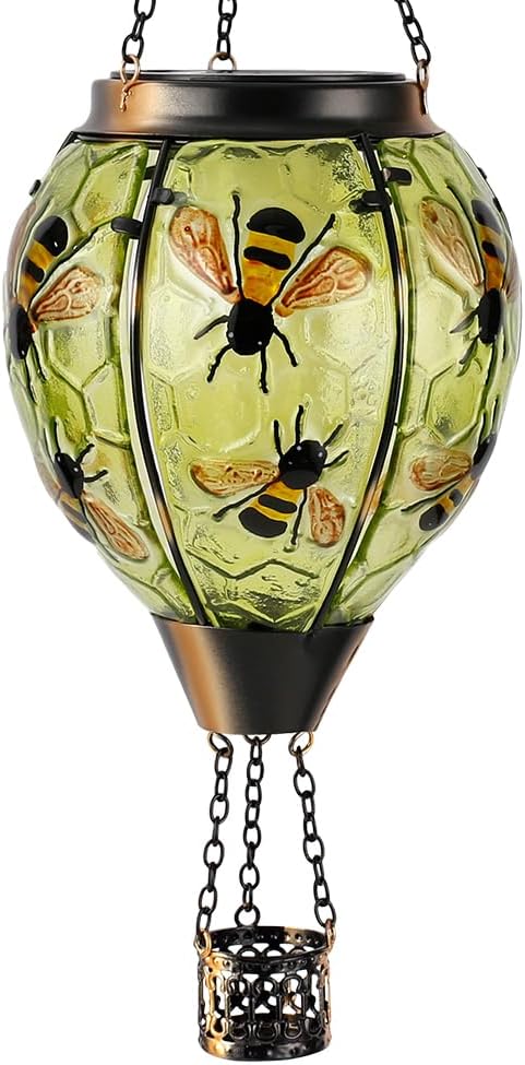 Starsoul Hot Air Balloon Solar Lantern Bee Glass Hanging Outdoor Hot Air Balloon Solar Flickering Flame Light Waterproof Garden Patio Yard Party Decorations