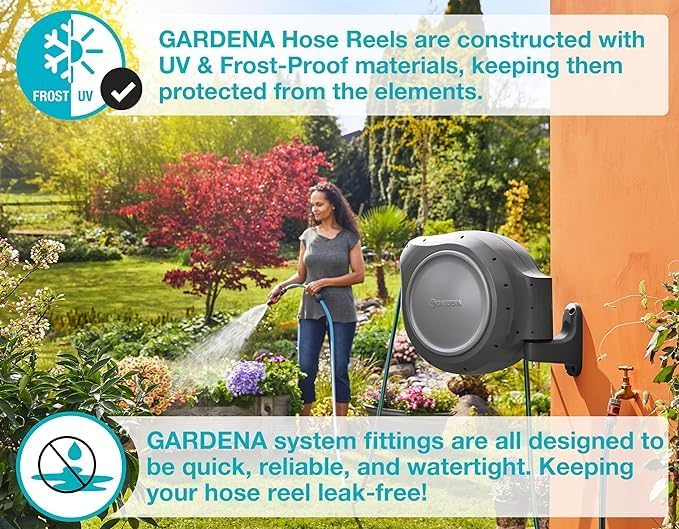 GARDENA 20502, Retractable Garden Hose Reel 75' x 1/2" hose, Wall Mounted, Automatic Retraction & Length Lock for Easy Watering. Heavy Duty Swivel Bracket 180°, Includes Nozzle. Made in Europe