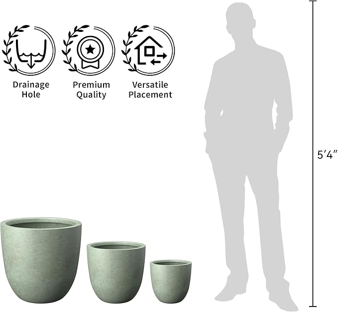 Kante 18",14",10" Dia Concrete Round Planters (Set of 3), Outdoor Indoor Large Planter Pots with Drainage Hole and Rubber Plug for Home Patio Garden, Mint Green