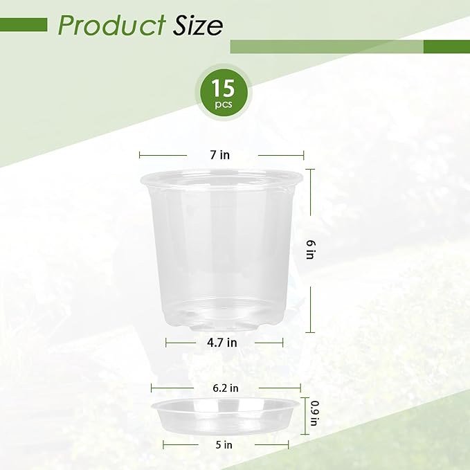 4/5/6/7 Inch Clear Nursery Pots for Plants with Sacuers 15 Pack, Plastic Flower Pots with Drainage Holes, Variety Pack Seedlings Garden Pot for Indoor Outdoor (7 inch)