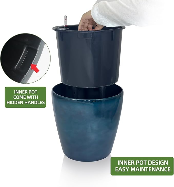 Dexceder 13x12 Self Watering Planter with Wheels Indoor Outdoor, Inner Pot Design, Thickened Large Floor Standing Flower Plant Pot with Water Level Indicator (Grayish Green Gradient)