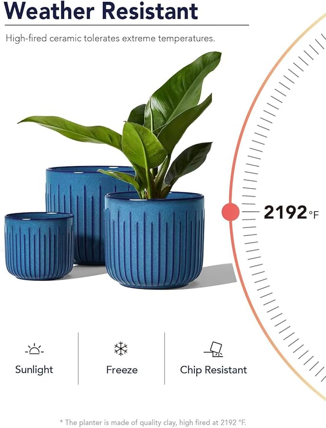 LE TAUCI Fluted Ceramic Planters Set of 3 – 8.3/7 / 5.7 in Ocean Blue Reactive Cylinder Indoor Plant Pots with Drainage Plug & Mesh, Glossy Stoneware Flower Pots for Succulents Herbs