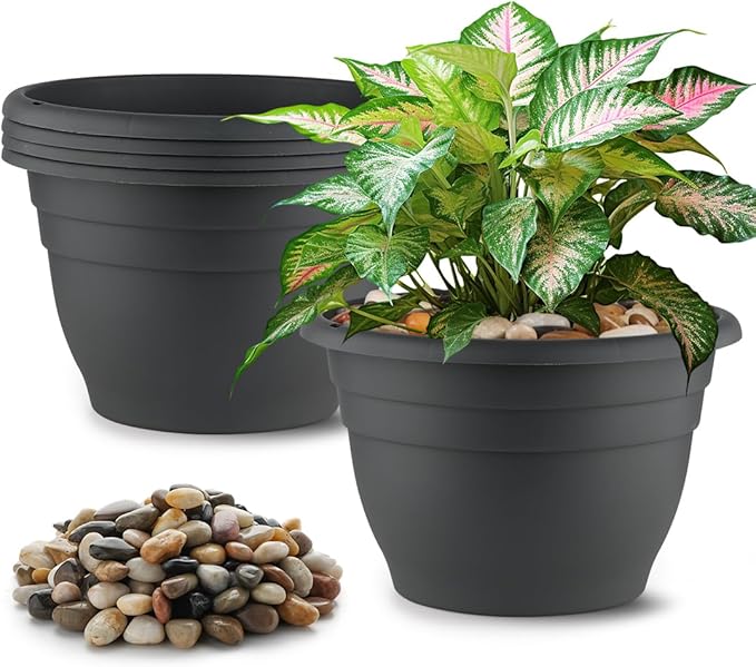 5-Pack 10 Inch Plastic Plant Pots - Indoor/Outdoor Flower Planters Pots with Drainage Hole & Plug, Durable Garden Pots for Plants, Planter Pots for Indoor Plants, Succulents, and Herbs
