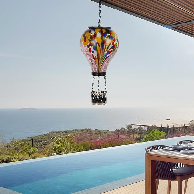 Starsoul Hot Air Balloon Solar Lantern Tie-Dye Style Glass Outdoor Hot Air Balloon Solar Flickering Flame Light Waterproof Hanging Lantern for Garden Yard Patio Decor