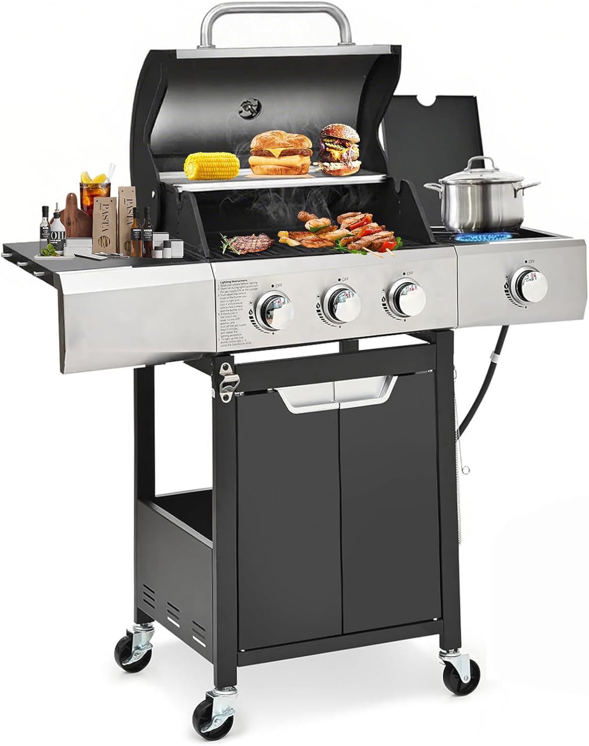 3-Burner Propane Gas Grill with Side Burner, 40,500 BTU Stainless Steel BBQ - Easy Assembly & Grease Management for Patio, Backyard, Camping (3+1Burner No Cover)