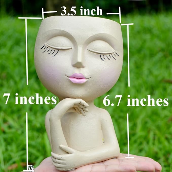 Face Planters Pots Head Planter, Plant Pots with Heads for Plants, Lady Statue Plant Pot, Unique Flower Pots with Drainage, Thinking Women Statue, Boho Vase, Cute Vases Home Decor Gift (7 Inch Khaki)