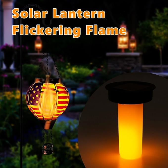 2PCS Flag Solar Hot Air Balloon Lantern with Flame Flickering Light,Glass Hot Air Balloon Solar Lanterns Outdoor Waterproof,Hanging Outdoor Light for Patio Yard Garden Birthday Gifts for Women