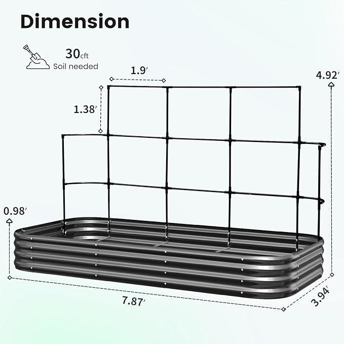 KING BIRD Raised Garden Bed with Wall Trellis Galvanized Planter Garden Box Outdoor for Gardening, Climbing Vegetables, Flowers 7.87x3.94x0.98 Ft, Dark Grey