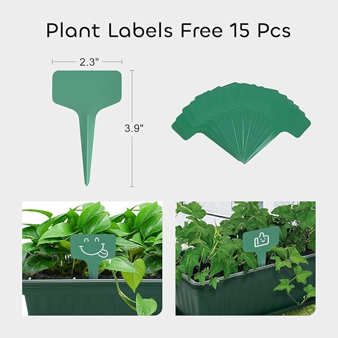 GROWNEER 3 Packs 17 Inches Green Flower Window Box Plastic Vegetable Planters Long Pots with 15 Pcs Plant Labels for Outdoor Indoor Windowsill Patio Garden Home Decor Porch