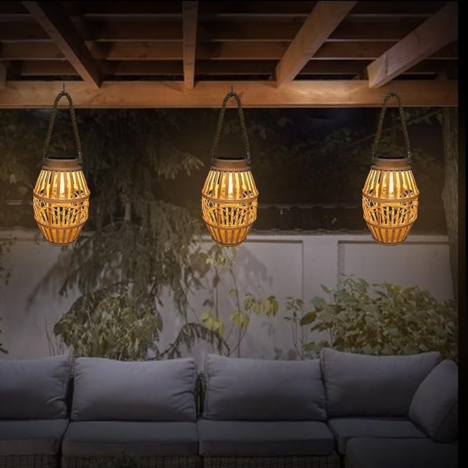 pearlstar Outdoor Solar Lanterns Light Rattan Natural Lantern with Handle for Hanging or Table Lamp for Patio Yard Garden Wedding Home Decoration, Edison Bulb, Auto on/Off (Style3)