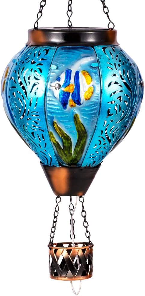 Blue Fish Hot Air Balloon Solar Lantern with Flickering Flame Hanging Solar Lanterns Outdoor Waterproof,LED Metal Hot Air Balloon Lights for Patio Yard Garden Decor,Mother Day Gifts for Women