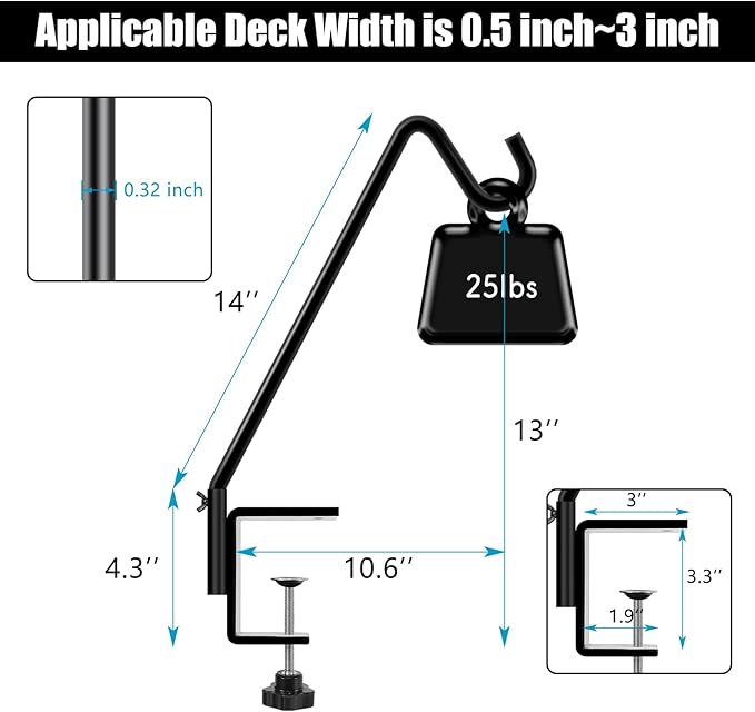 FEED GARDEN 2 Pack 14 Inch Deck Hook,Solid Steel Deck Hangers for Bird Feeders,Lanterns, Flower Basket and Suet Baskets with Clamp,Black