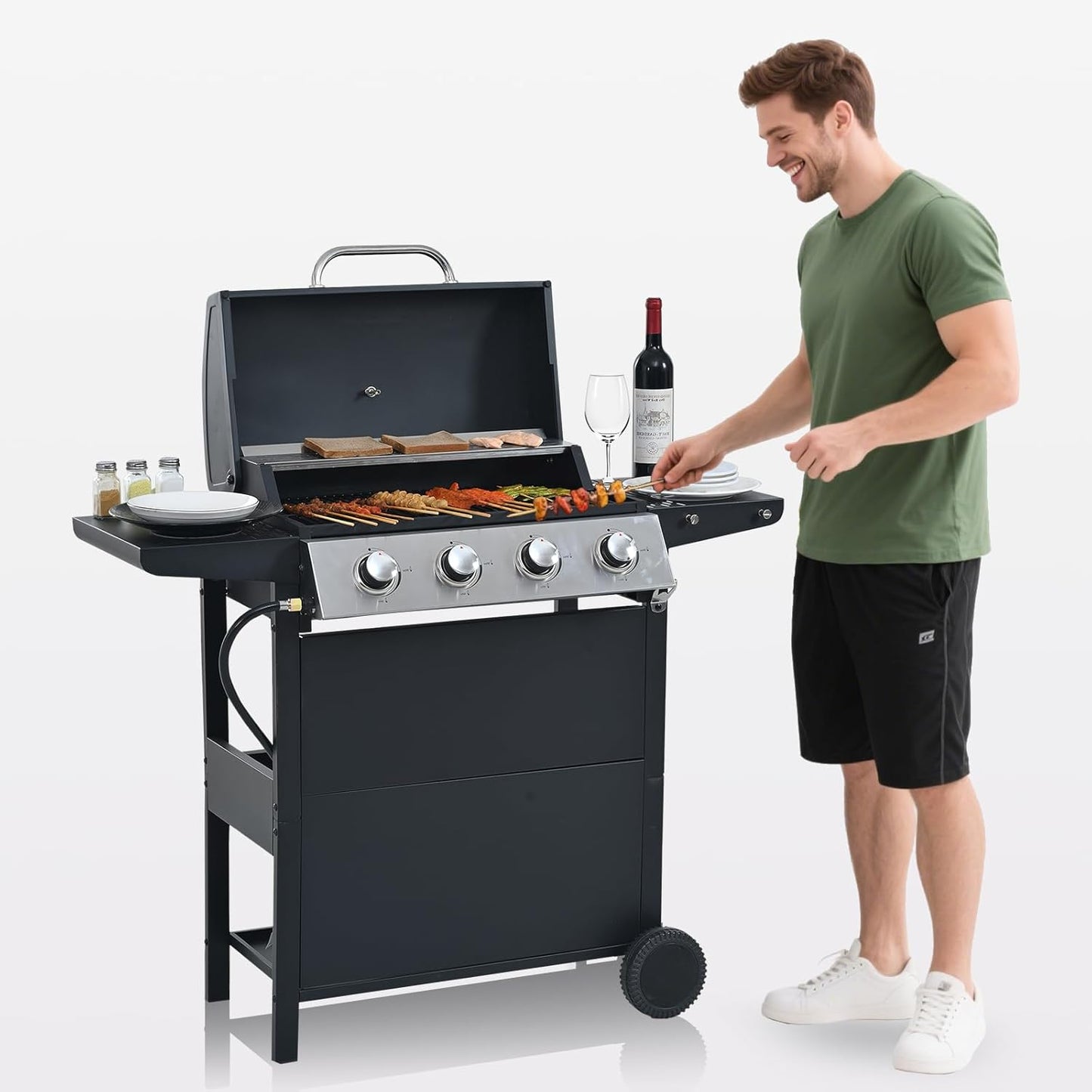 4-Burner Propane Gas BBQ Grill with Porcelain-Enameled Cast Iron Grates and 2 Foldable Side Tables, 34,000 BTU Stainless Steel Grill for Outdoor Camping Barbecue Grilling Backyard Cooking