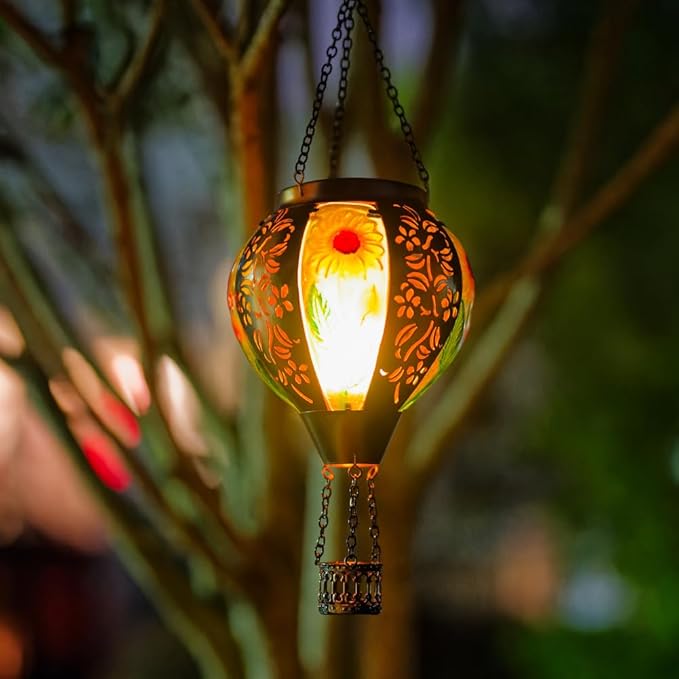 Starsoul Sunflowers Hot Air Balloon Solar Lantern Metal & Glass Solar Hot Air Balloon Hanging Garden Light Waterproof Outdoor Lantern for Patio Yard Party Decorations