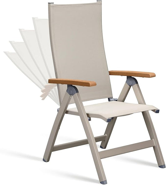 Adjustable Folding Chair, Indoor & Outdoor Balcony, Patio Porch, Garden Lawn, Pool, for Comfortable Foldable Chairs, Portable Cozy Recliner, Metal Frame with Teak armrest, Durable